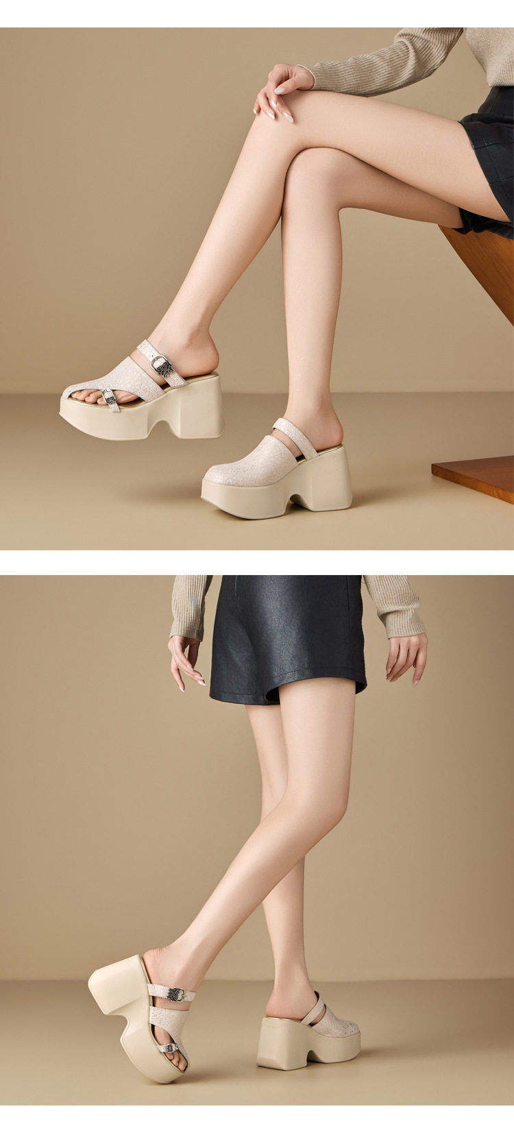Sandal cao gót nữ hở mũi đế xuồng 10 cm da bò thật phong cách La Mã — [Đen], [Bạc], [Vàng nhạt] chi tiết 3