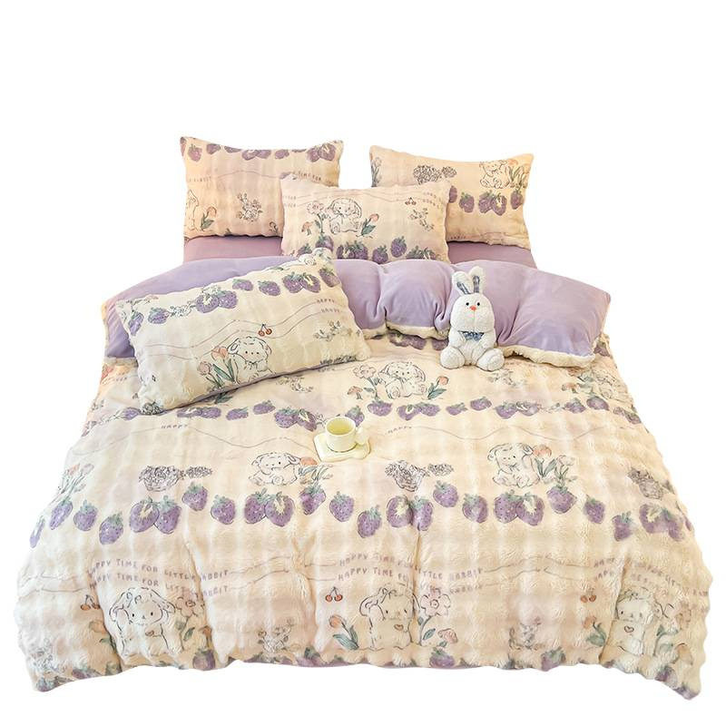 Winter Rabbit Plush Duvet Cover Single Piece Ins Cartoon Milk Coral Fleece Bed Sheet Duvet Cover Three or Four Piece Set Single Thickened