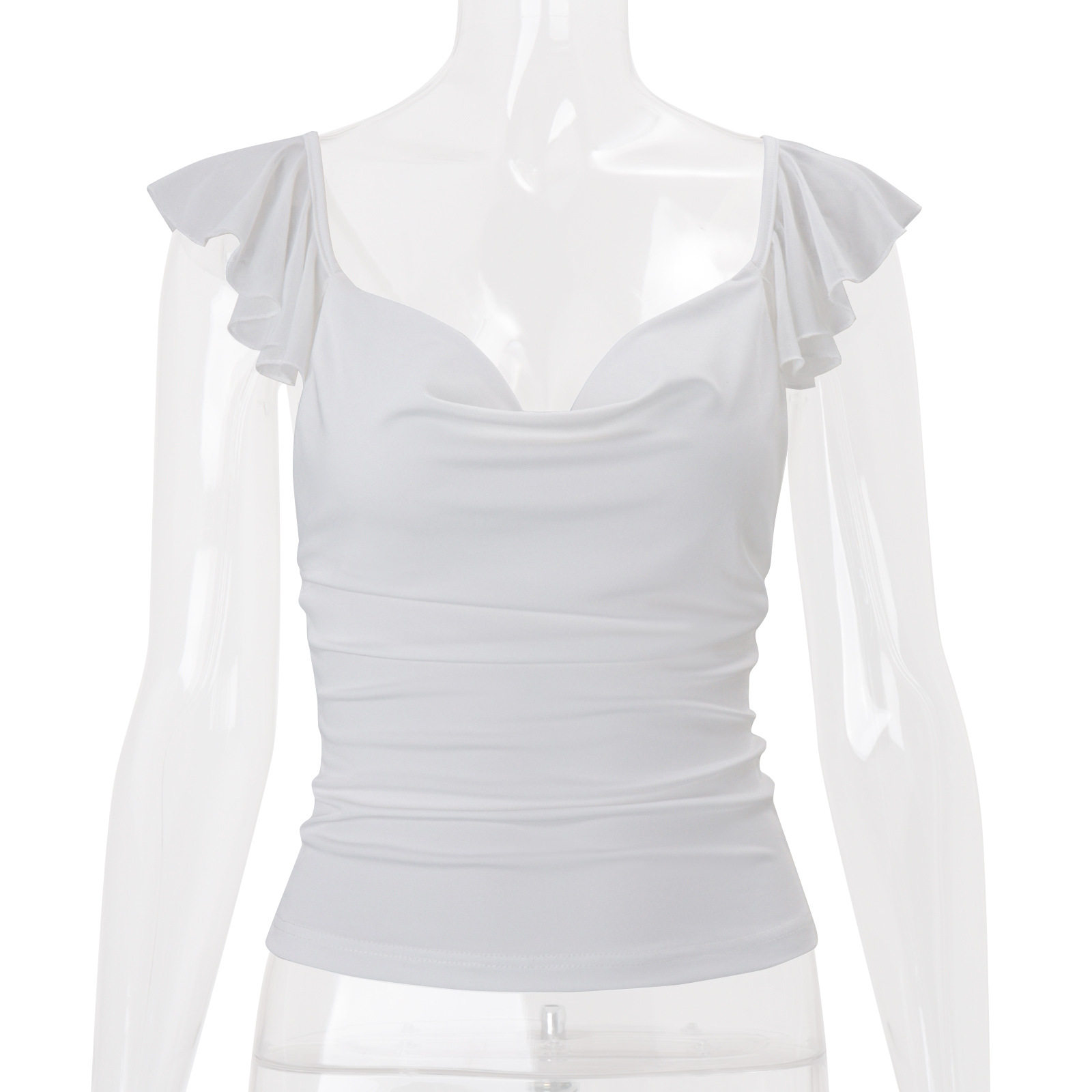 Spring Womens Slim Fit V Neck Crop Top Ruffle Hem Solid Color Sexy Style Versatile for Casual or Night Out