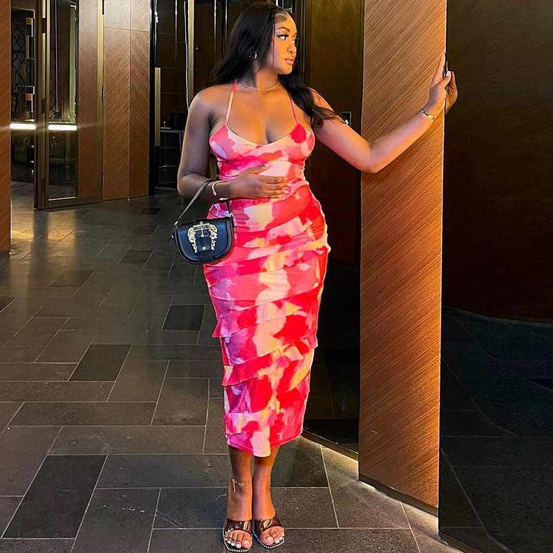 Fashionable Womens Floral Print Bodycon Dress Sexy Backless Design Elegant Long Silhouette Perfect for Parties and