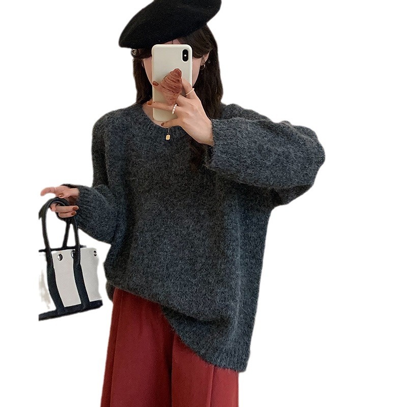 小众高级感大码宽松套头毛衣女圆领慵懒风秋冬长袖软糯花色针织衫