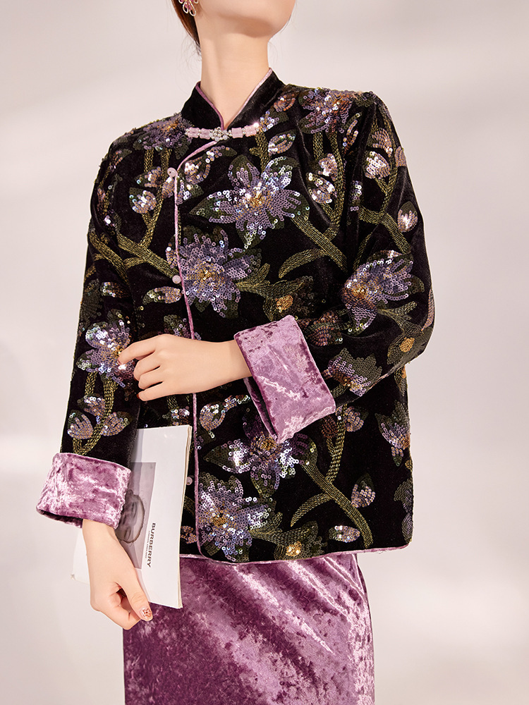 Bộ đôi áo khoác sequin thêu hoa và chân váy dài nữ dáng thanh lịch — Váy tím Mushan (Giao hàng trong 7 ngày), Váy tím Mushan (giao hàng trong ngày), Áo khoác sequin (giao hàng trong 7 ngày), Áo khoác sequin (giao hàng trong ngày)