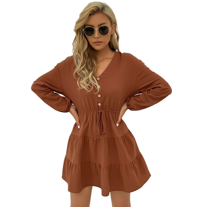 Casual Long Sleeve Dress Solid Color Slim Fit Pleated Design Autumn Winter Fashion Wholesale Available