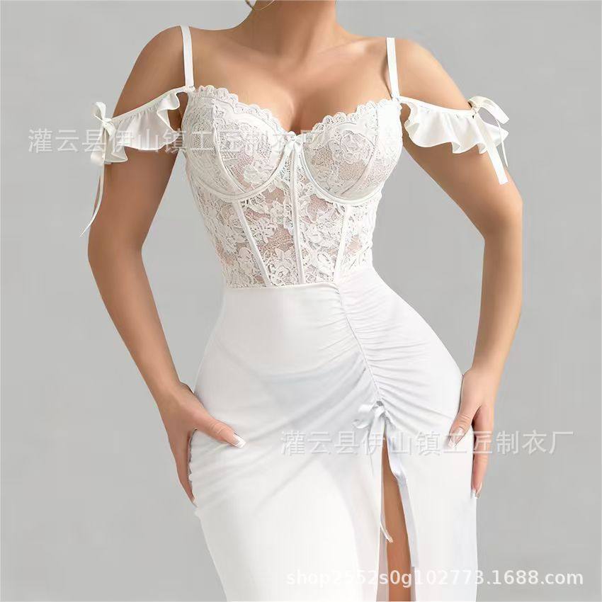 跨境性感蕾丝拼接情趣内衣套装花边一字领吊带网纱透视女睡裙