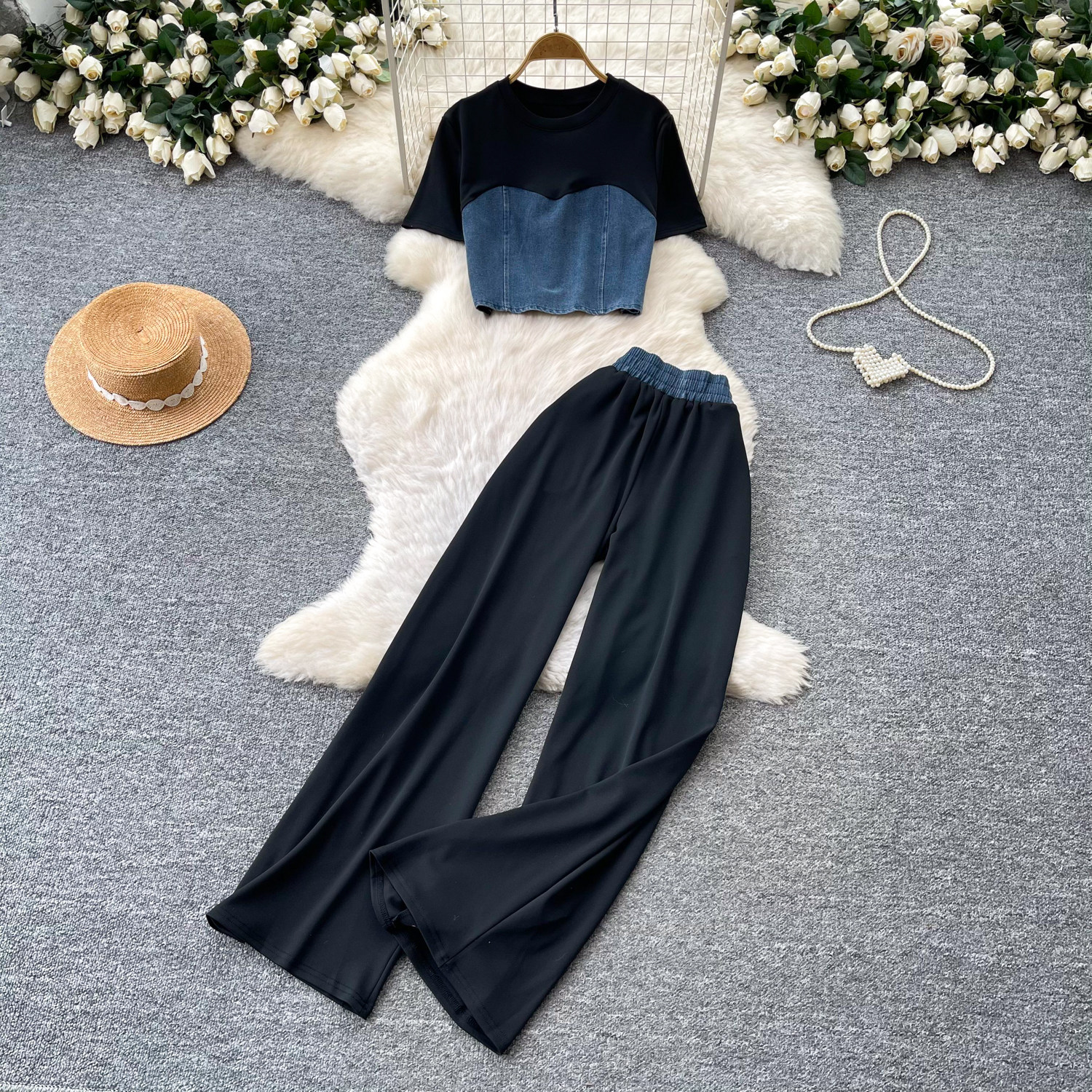 Womens Summer Slim Fit Vest and High Waisted Wide Leg Pants Set Korean Style Elegant Comfortable Fabric Office Wear