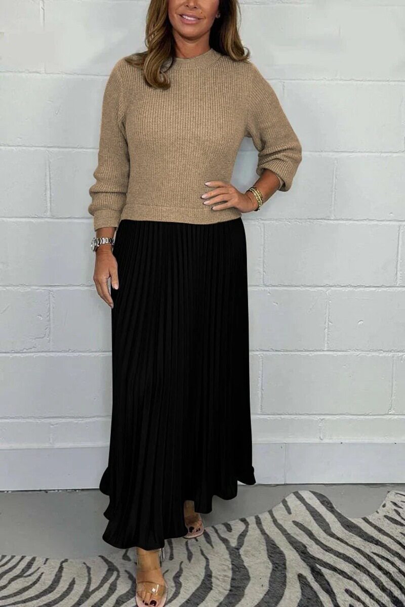 Knitted Long Sleeve Color Block Dress Solid Color Pleated Design Stylish for Fall Winter Wholesale Available