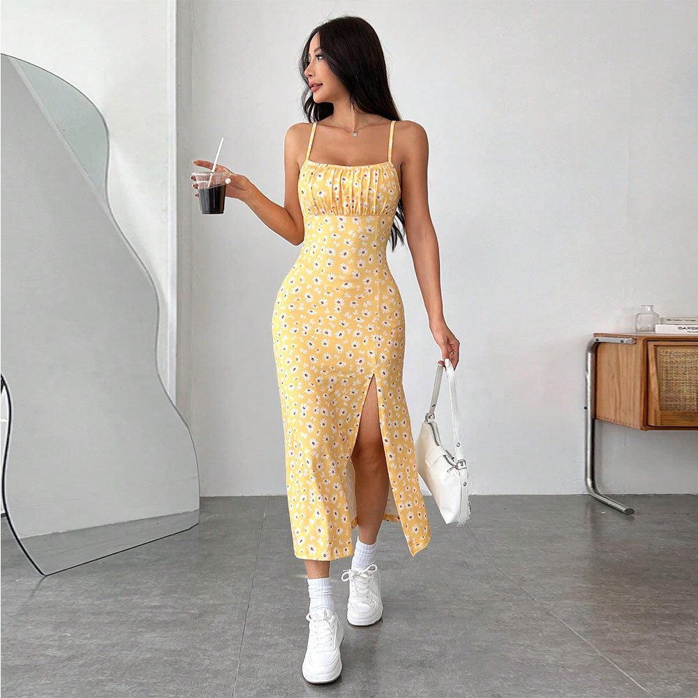 Womens Casual High Waisted Split Midi Dress Simple Design Adjustable Straps Slim Fit Spring Summer Collection