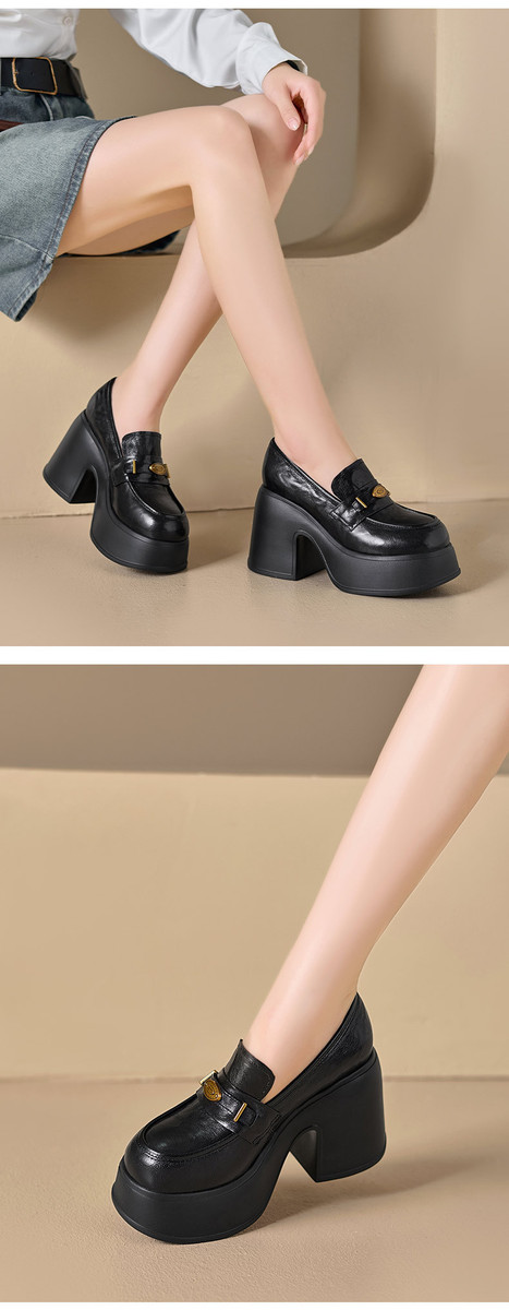 Giày lười nữ đế dày tăng chiều cao, mũi tròn da cừu, gót thô 10cm — màu đen, Màu nâu