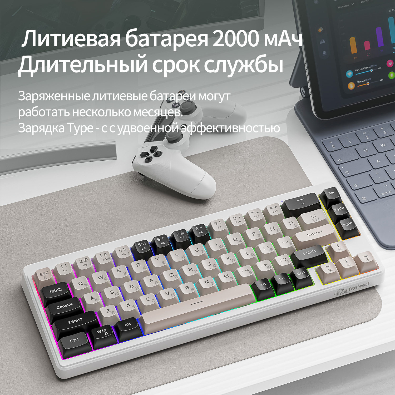 Free Wolf M68 Russian Wireless Bluetooth Three-Mode Mechanical Feel Russian Keyboard Game Silent Russian