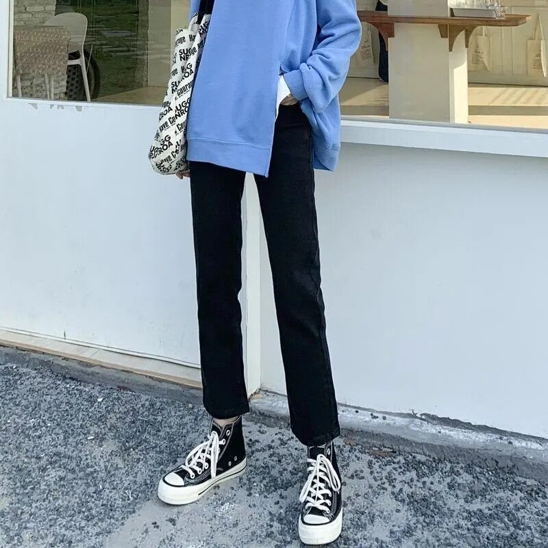High Waisted Black Straight Leg Jeans for Women Loose Fit Slimming Cropped Length Flared Hem Spring Fall Casual
