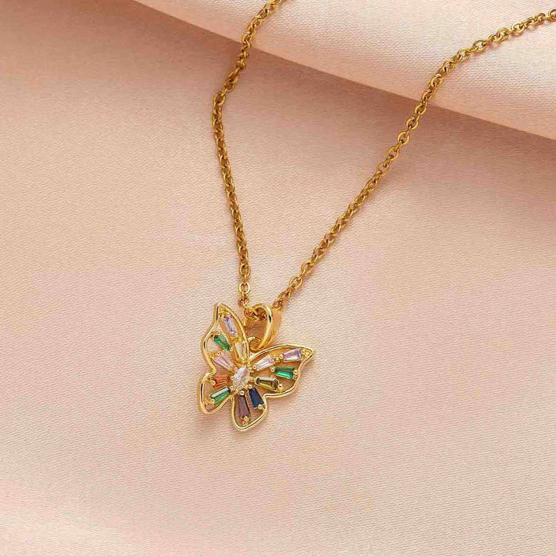European and American Butterfly Necklace Women's All-match High-end Colorful Zircon Light Luxury Ins Clavicle Chain Titanium Steel Color-free Necklace