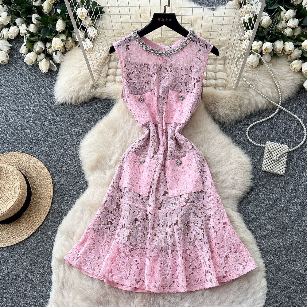 Lace A Line Dress Rhinestone Embellished Sleeveless High Waist Hollow Out Design Elegant Office Wear Wholesale