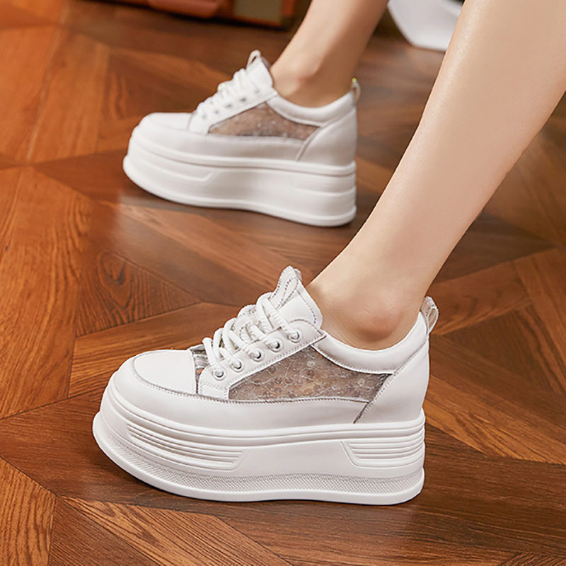 Giày sneaker nữ chunky đế dày lưới thoáng khí phong cách platform — Trắng, Đen