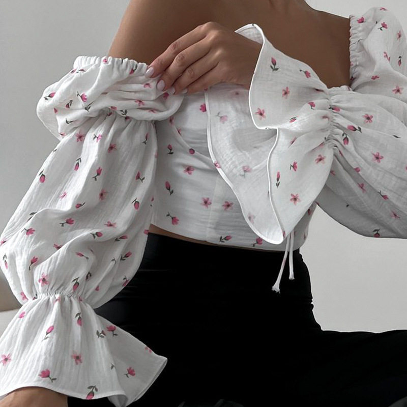 Womens Floral Crop Top Fresh Sweet French Style Puff Sleeves Square Neck Tie Detail Perfect for Spring and Autumn
