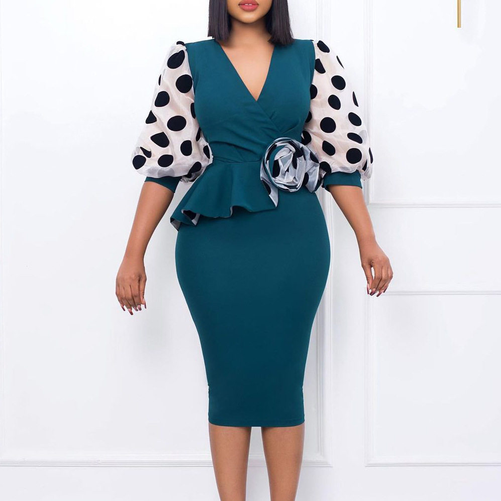 Plus Size Womens Dress Fashionable Polka Dot Mesh Panel V Neck Elegant Style for Parties Wholesale Available