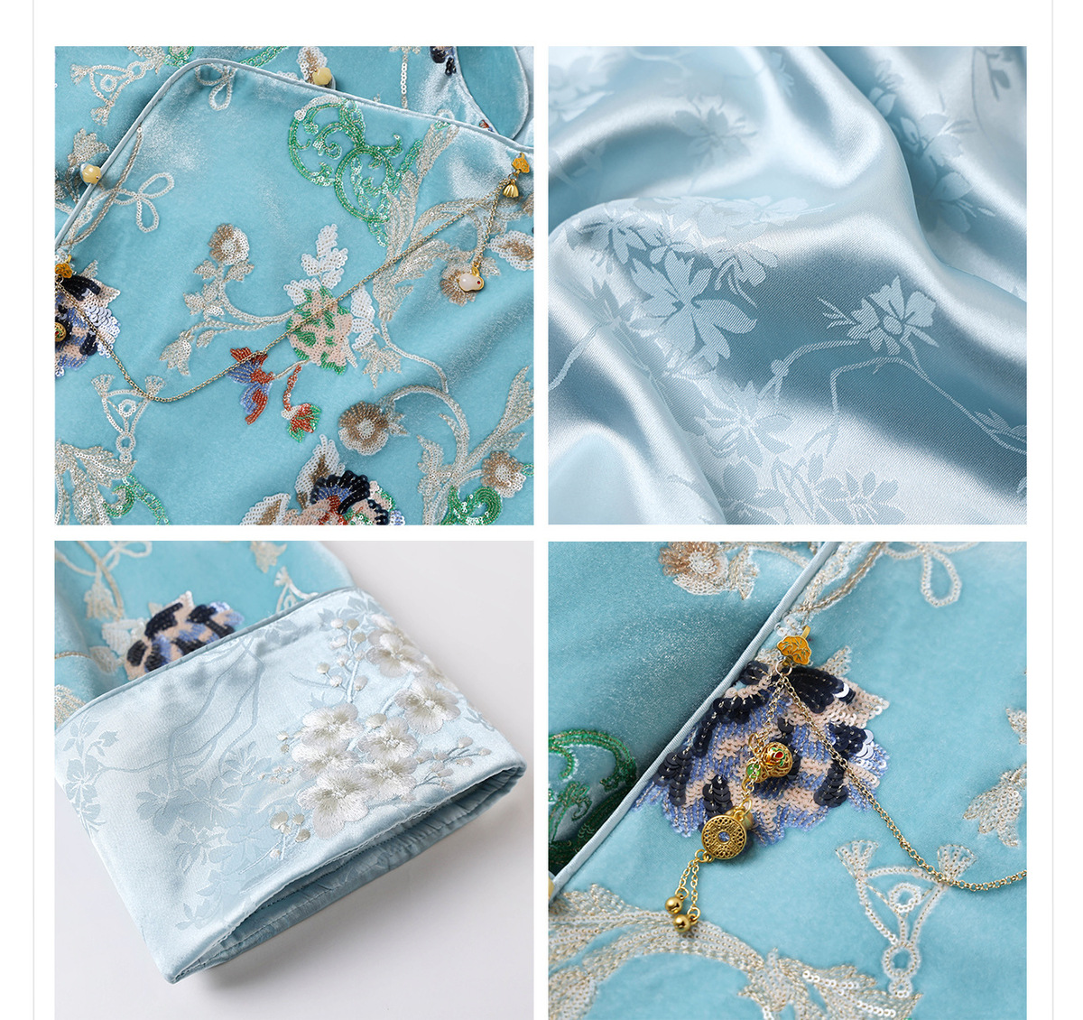 Áo sơ mi nữ dài tay cổ đứng thêu hoa đính sequin chất liệu satin mềm — Tianshuiqing (phát hành cùng ngày), Tianshuiqing (tóc 7 ngày)