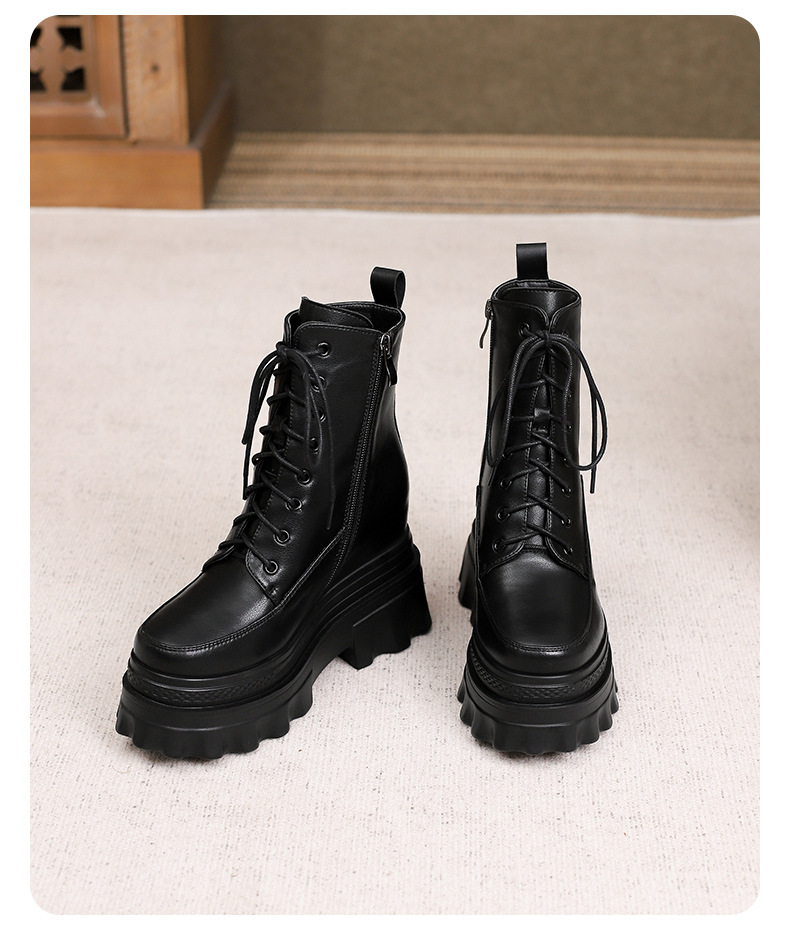 Boot Martin nữ đế dày tăng chiều cao 10cm, cổ thấp gót nêm da bò thật — Lớp lót đơn màu đen, Lớp lót đơn màu nâu sẫm, Lớp lót nhung đen, Lớp lót nhung màu nâu sẫm