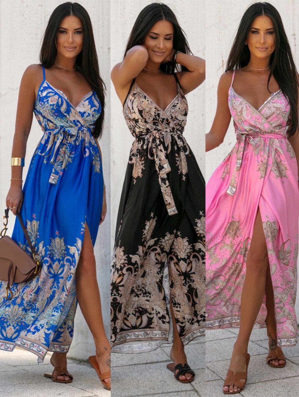 Floral Maxi Dress Sexy V Neck Spaghetti Straps Side Slit Vacation Style Wholesale Available