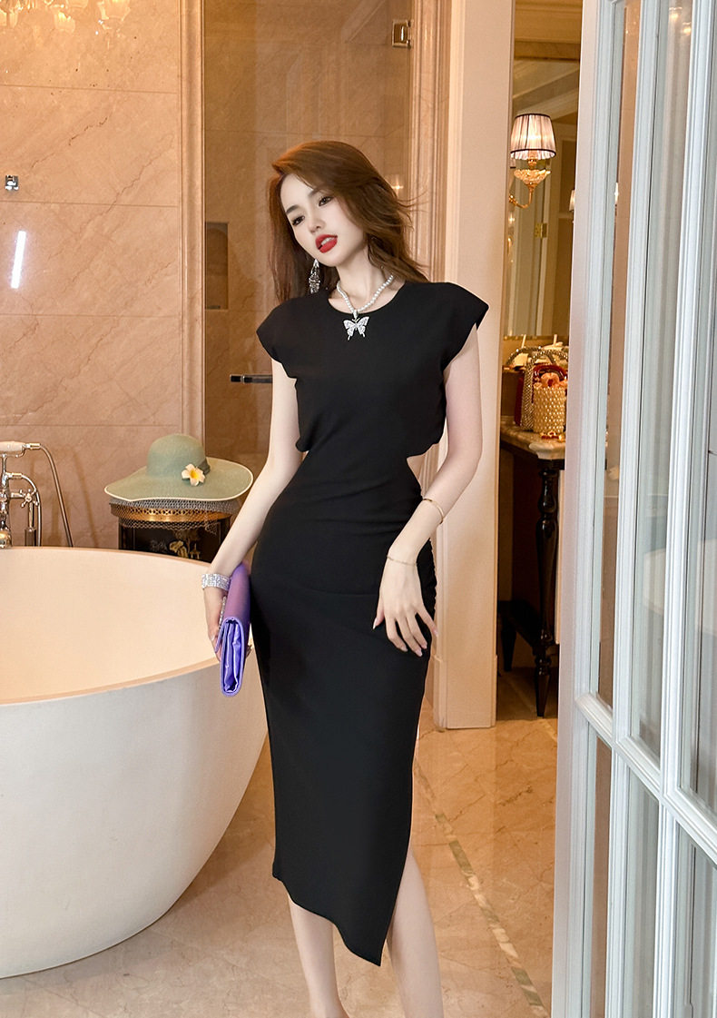 Đầm ôm body nữ cổ tròn tay ngắn dáng midi cao eo — [Hồng], [Đen] chi tiết 6