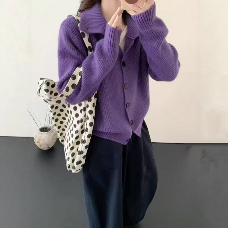 秋冬高领毛衣开衫外套女慵懒风宽松复古单排扣韩版针织衫外套上衣