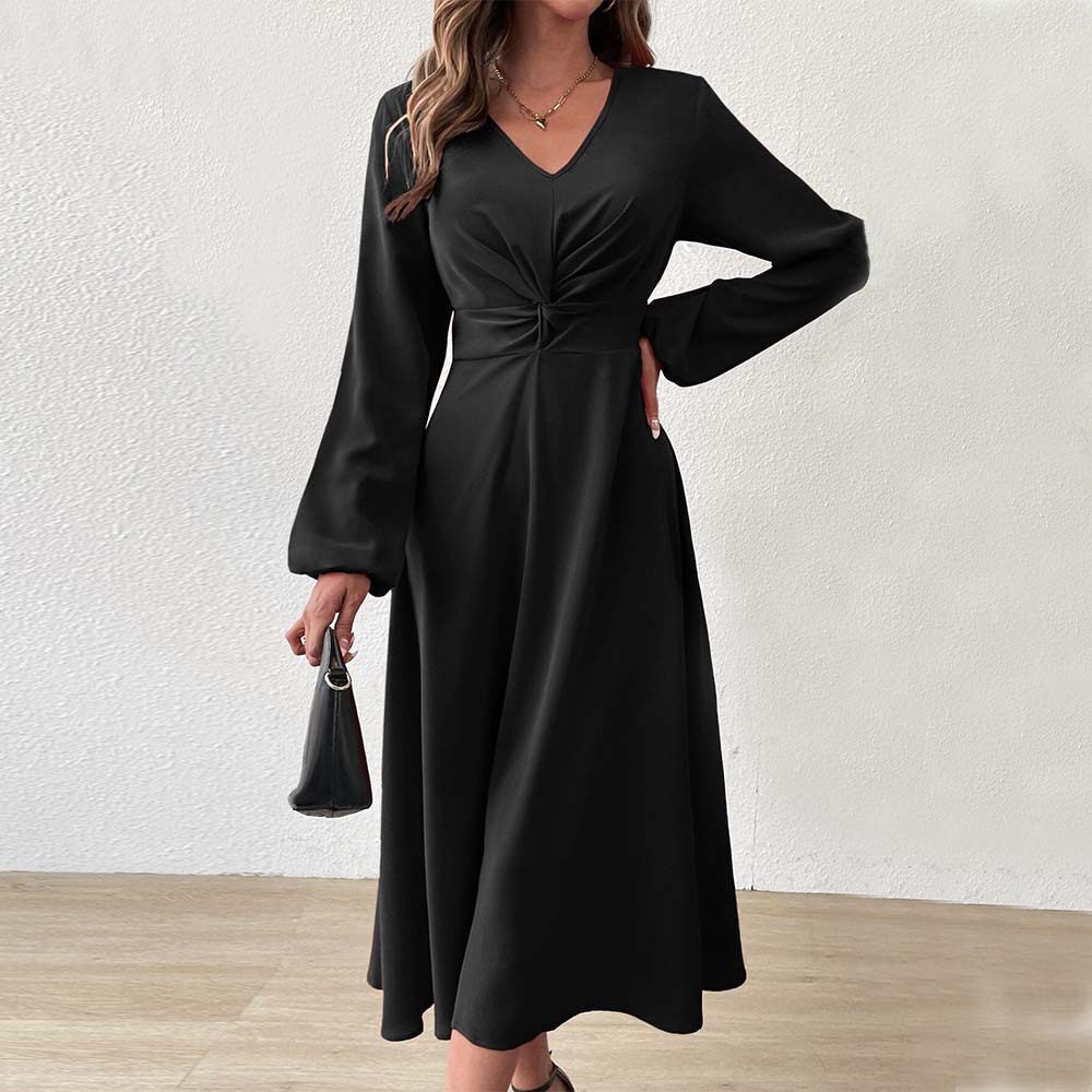 French Style V Neck Midi Dress Elegant A Line Silhouette High Waist Autumn Winter Fashion Wholesale Available