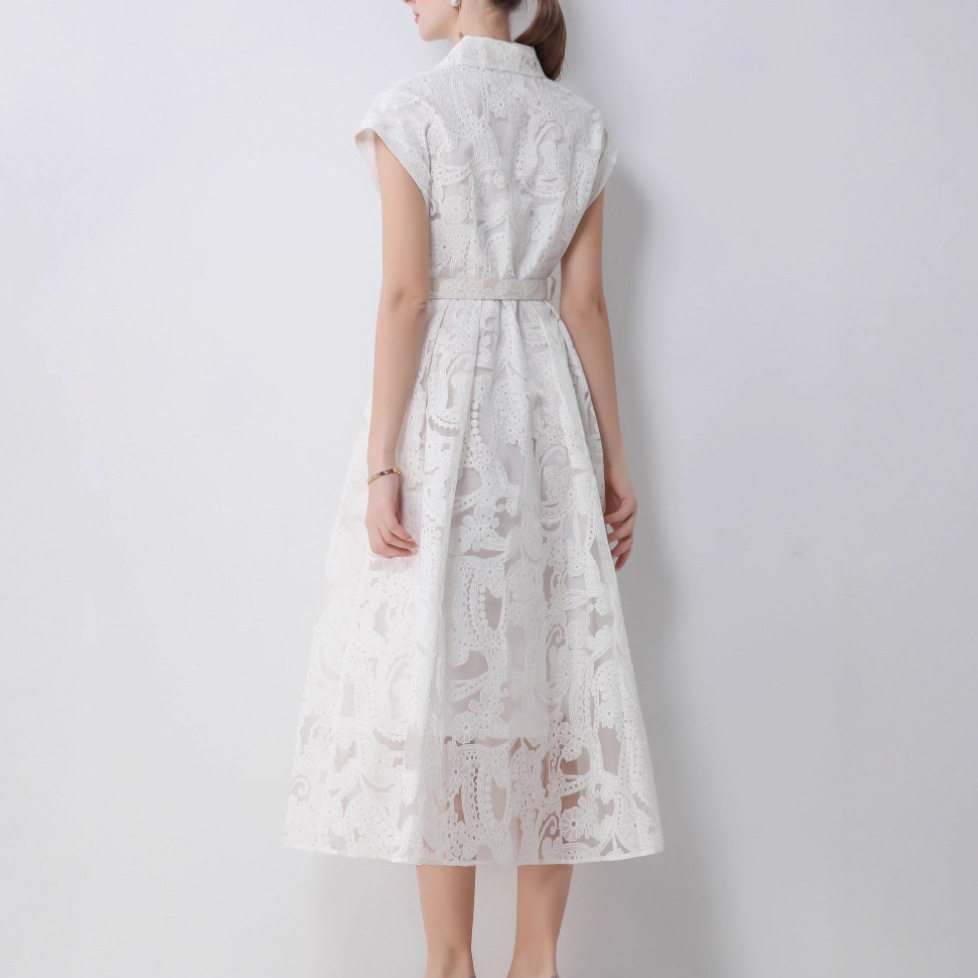 French Casual Midi Dress Short Sleeve Button Front Hollow Embroidery Belted Versatile Style for Summer Events