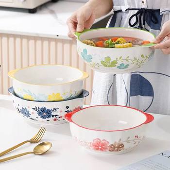 Small fresh ceramic double ear soup bowl large household anti-scald noodle bowl crayfish boiled meat slices hair blood large soup bowl