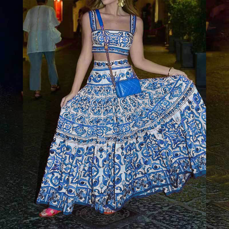 Spring Womens Fashion Set Square Neck Floral Print A Line Skirt Sleeveless Perfect for Casual Outings Wholesale