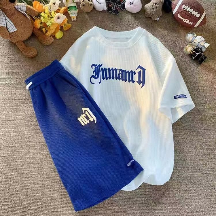 跨境华夫格休闲套装男夏季冰丝短袖t恤男装一套搭配运动衣服批发