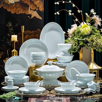 Celadon Exquisite Bowl and Plate Set Jingdezhen High-Temperature White Porcelain Tableware Household High-End Gift Ceramic Bowl Light Luxury Style