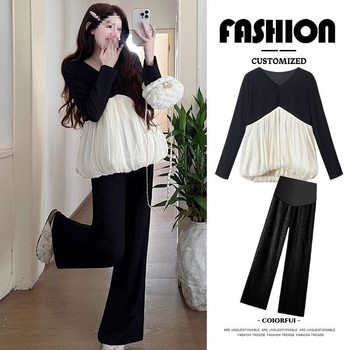 Pregnant Mother Outfits~ Maternity Suit Spring and Autum 2025 New High-End Splicing Top Belly Support Pants Two-Piece Set for Women