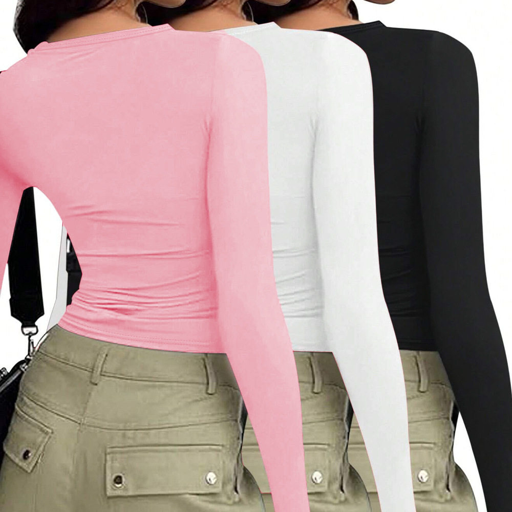 Womens Long Sleeve T Shirt Solid Color Slim Fit Versatile Style Spring Summer Casual Wear Wholesale Available