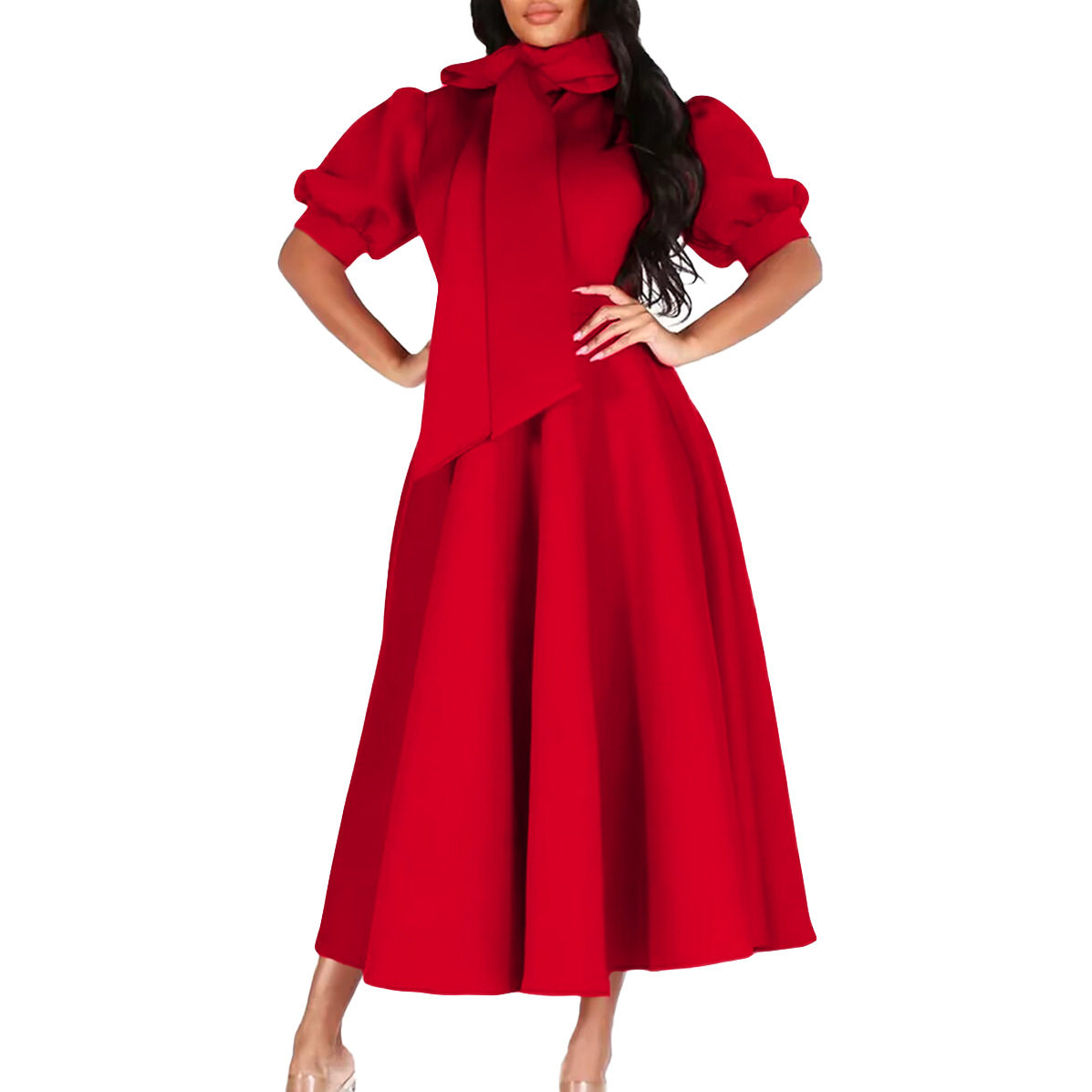 Elegant Puff Sleeve Solid Color Maxi Dress Waist Tie Flattering Fit Spring Summer Style Wholesale Available