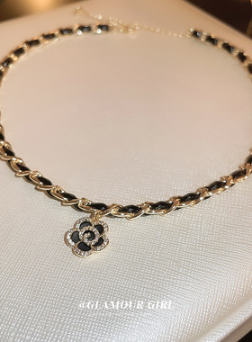 SPARKLE「风姿绰约」锆石山茶花皮革缠绕项链轻奢锁骨链气质饰品