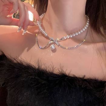 French Double-layer Bow Pearl Necklace Women's Light Luxury Niche Elegant Clavicle Chain Trendy Flash Diamond Fashion Necklace