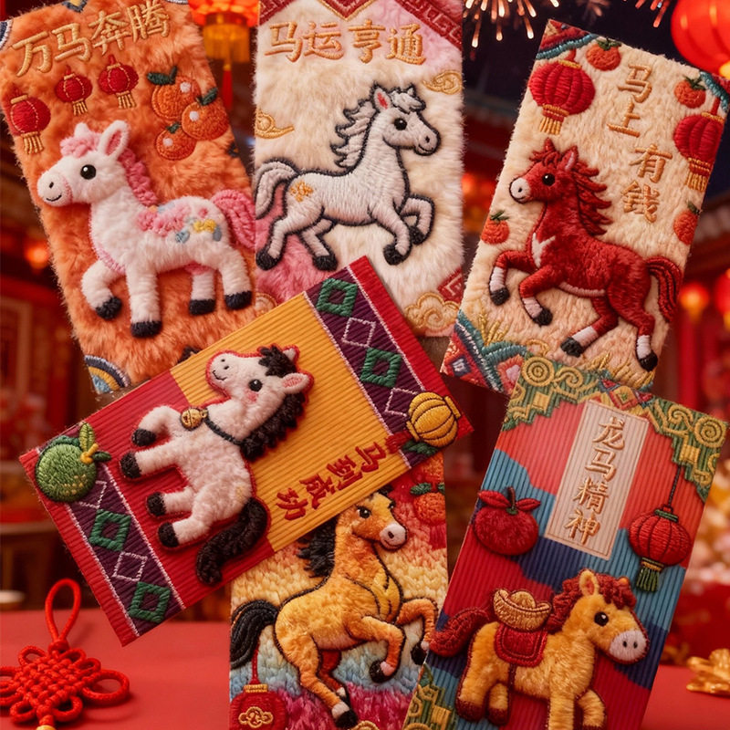 [High-End] Spring Festival Creative 5D Upgraded Imitation Embroider Cartoon Fuma Red Envelope for New Year Greetings and Red Packets for the Year of the Horse