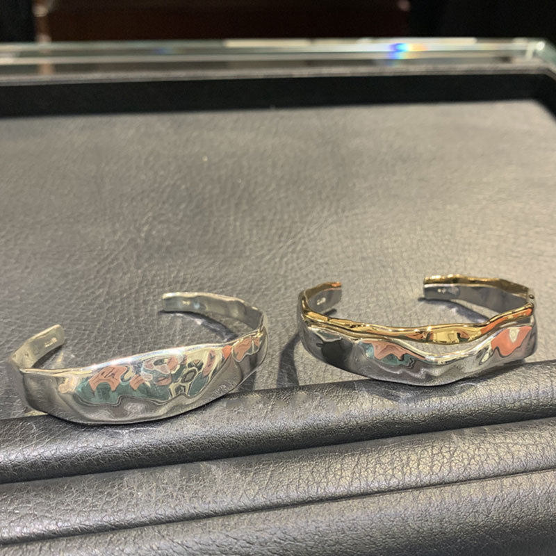 Silver gold color matching flat concave and convex heavy industry double layer 2024 new vintage bracelet women's ins cold style wide version to do the old