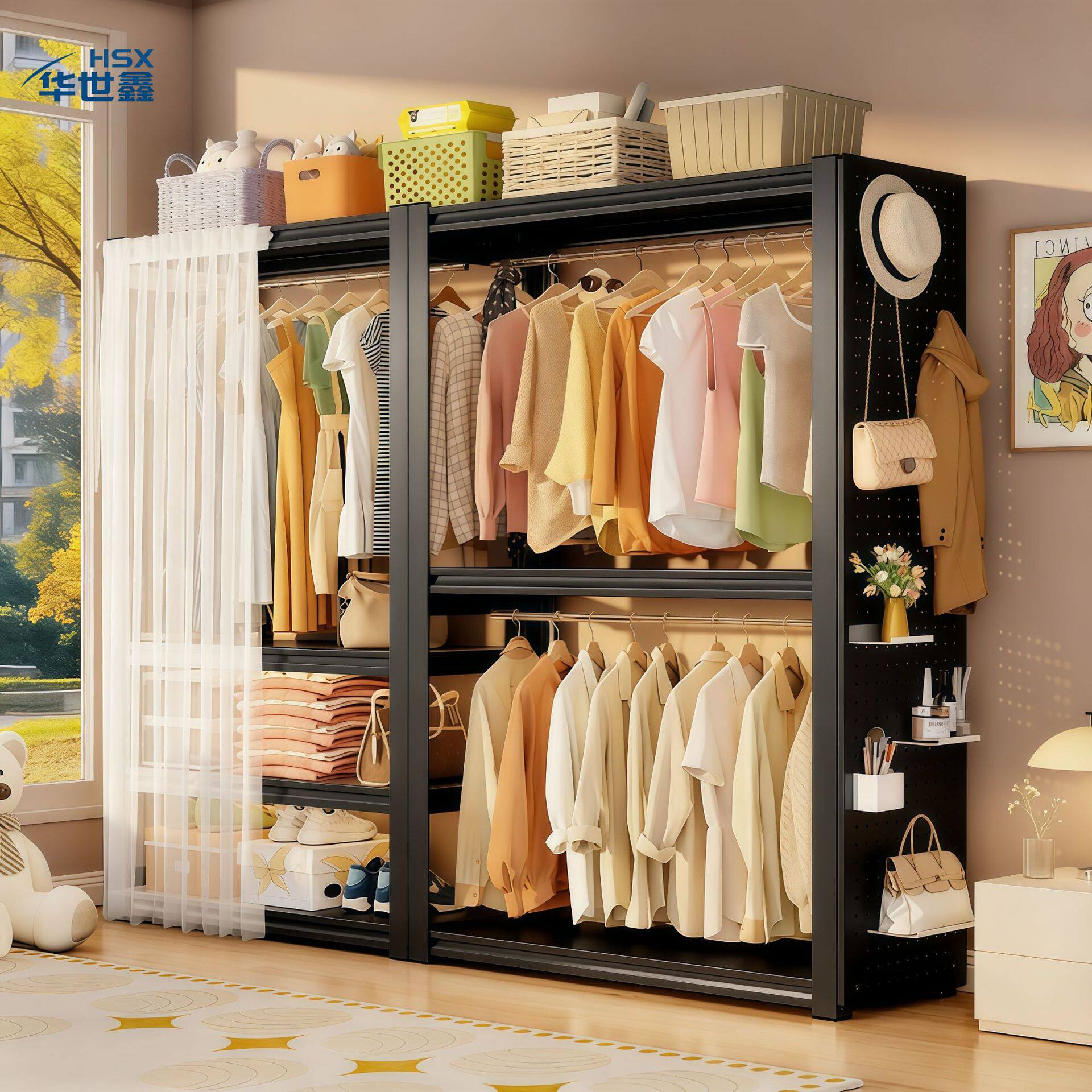 Shelf-Type Wardrobe Simple Assembly Perforated Board Coat Rack Bedroom Rental House Clothes Rack Steel Clothes Storage Rack
