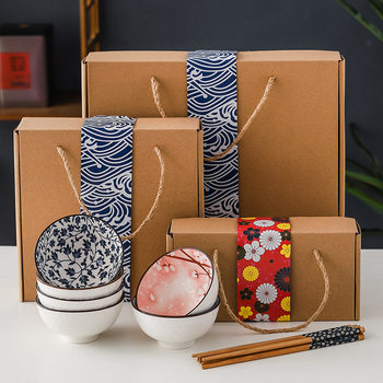 Japanese Style Ceramic Bowl and Chopsticks Tableware Set Creative Gift Porcelain Bowl Blue and White Porcelain Bowl and Chopsticks Gift Box Bowl Activities Opening