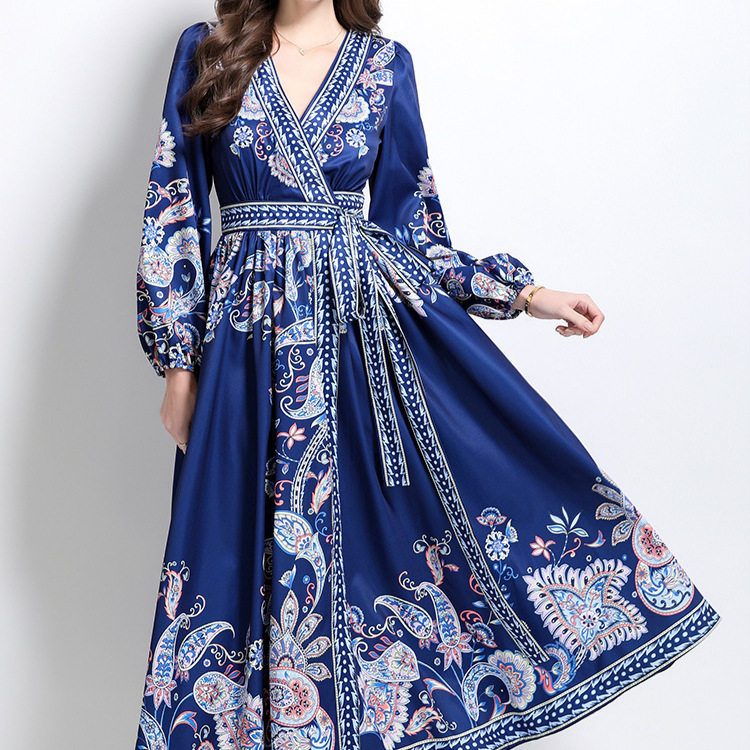 Vintage Floral Print Maxi Dress Cross V Neck Waist Tie Lantern Sleeves Spring Fashion for Women Wholesale Available