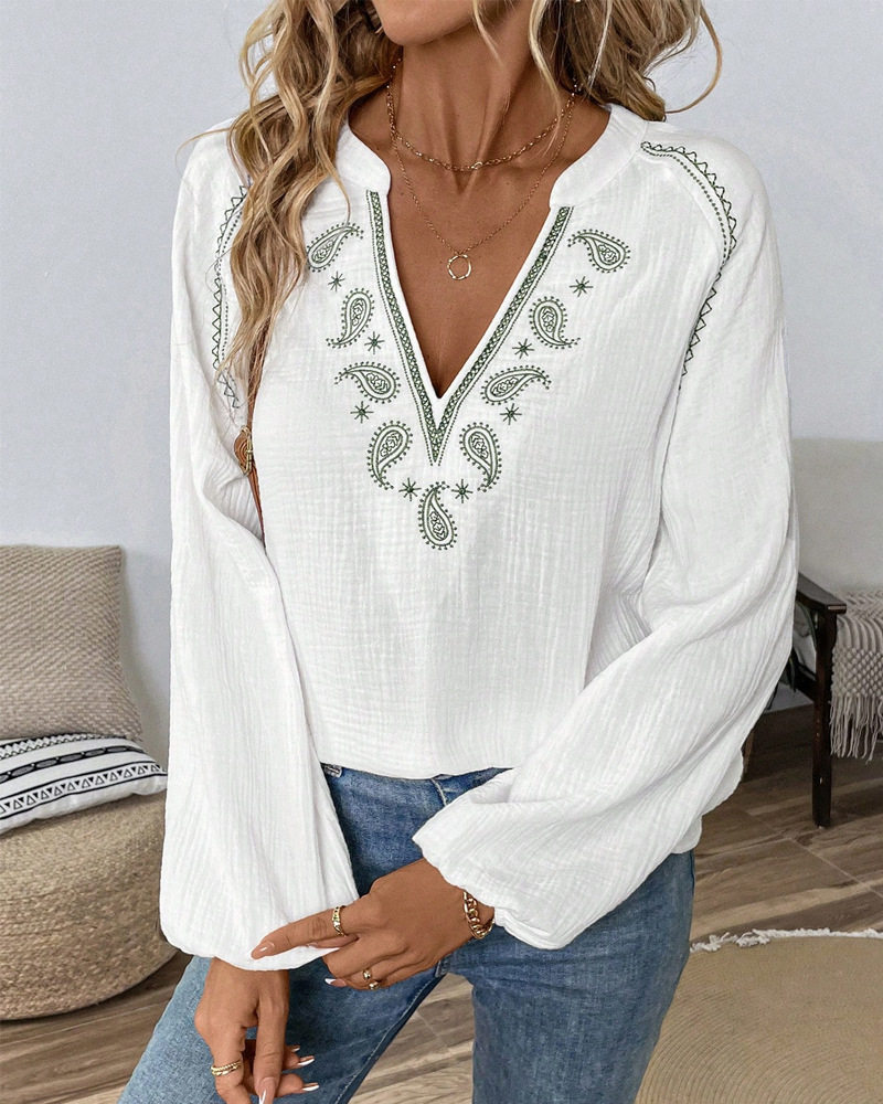 Loose Fit Womens Embroidered V Neck Long Sleeve Shirt in White for Summer Casual Wear in Multiple Sizes
