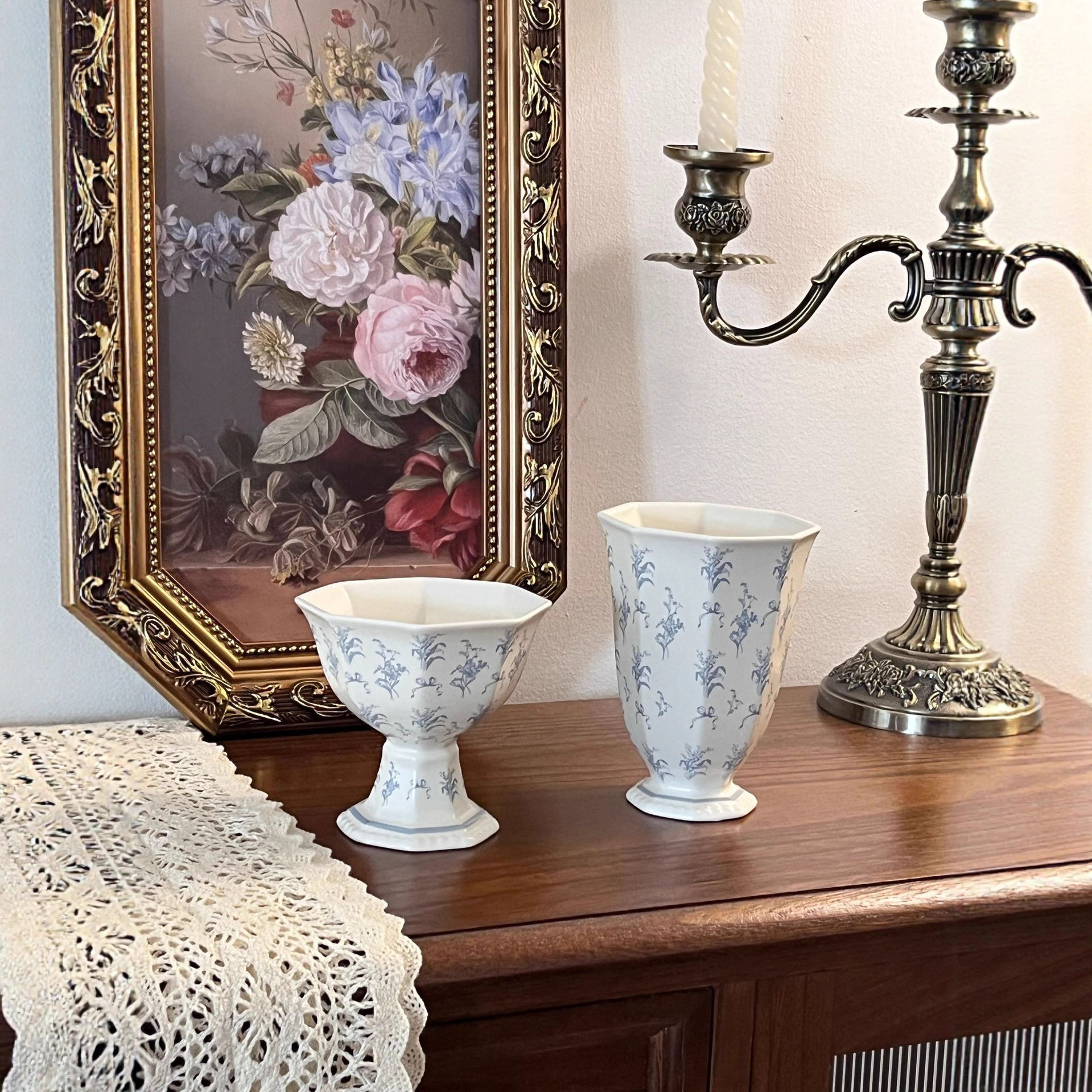 French Tea Cup Vintage Floral Mug Coffee Cup and Saucer Set Retro Octagonal Pearl Ceramic Plate