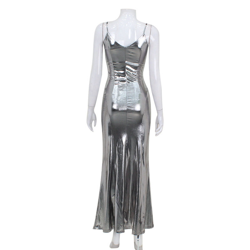 Metallic Silver Backless Mermaid Dress Sexy Sleeveless Liquid Fabric Elegant Evening Gown Wholesale Available