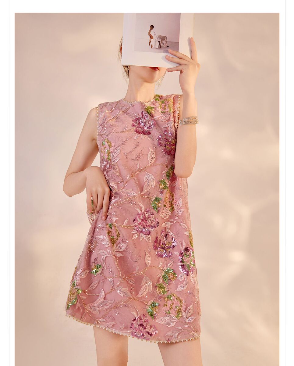 Đầm liền thêu cao cấp không tay dáng chữ A phối sequin lấp lánh — Bột Begonia (giao hàng trong 7 ngày), Bột Begonia (phát hành trong cùng ngày)