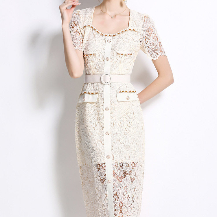 French Style Summer Dress Elegant Fitted Design Square Neck Beaded and Rhinestone Embellishments Mid Length Lace