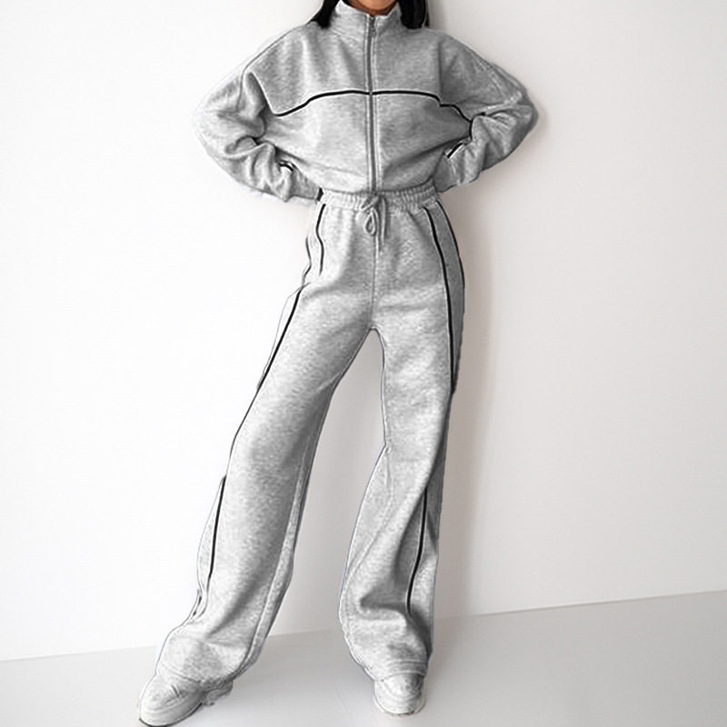 2026 Spring New European and American Style Casual Half-High Collar Zipper Cardigan Tie Fashion Sports Sweatshirt Set for Women