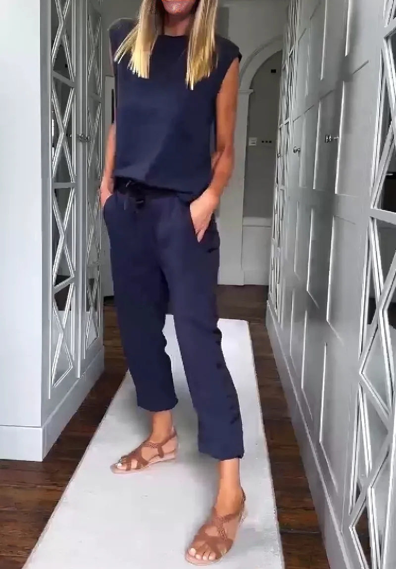 Womens Casual Set Sleeveless Round Neck Top Loose Fit Drawstring Pants Autumn Collection Wholesale Available