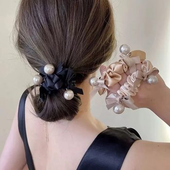 Pearl Bowknot Trendy Scrunchie for Women, Elegant Low Ponytail Hair Tie, Bun Hair Accessory, Durable Elastic Hair Band