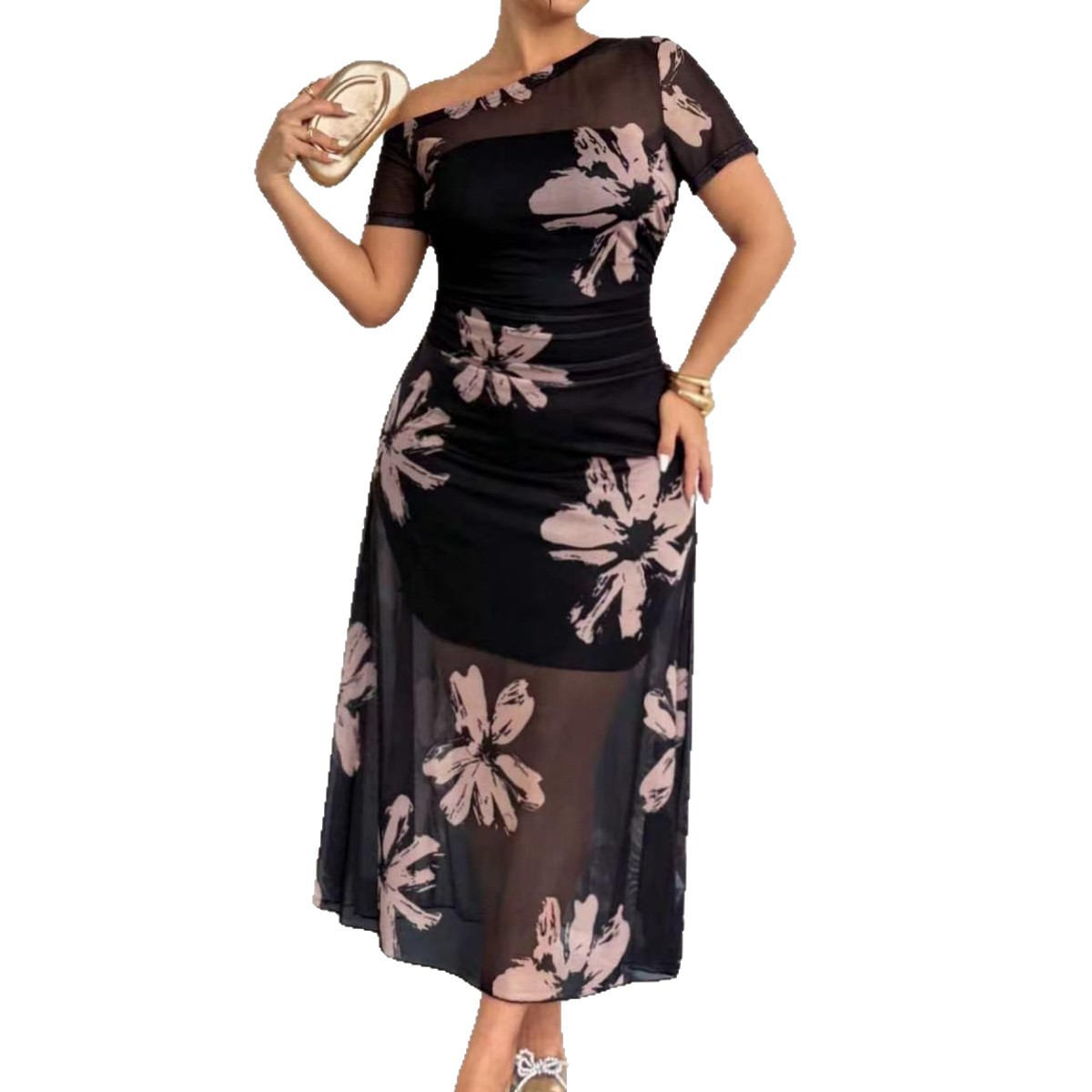 Elegant Floral Pattern Spring Dress Slim Fit Sand Color Fashionable Design Perfect for Spring Events Wholesale