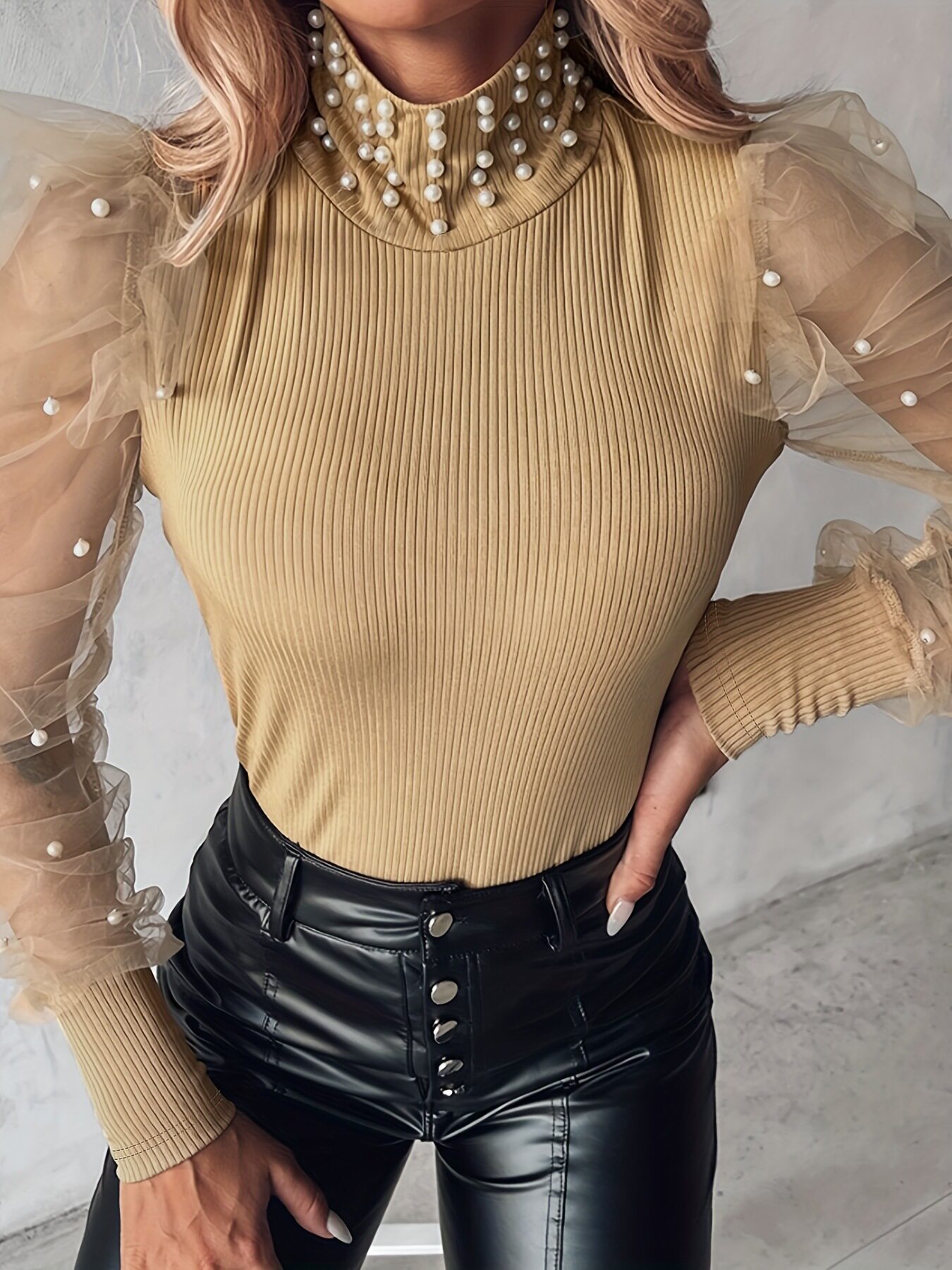 Womens Sheer Mesh Puff Sleeve Color Block T Shirt Elegant Solid Color Pearl Detail Office Wear Casual Style